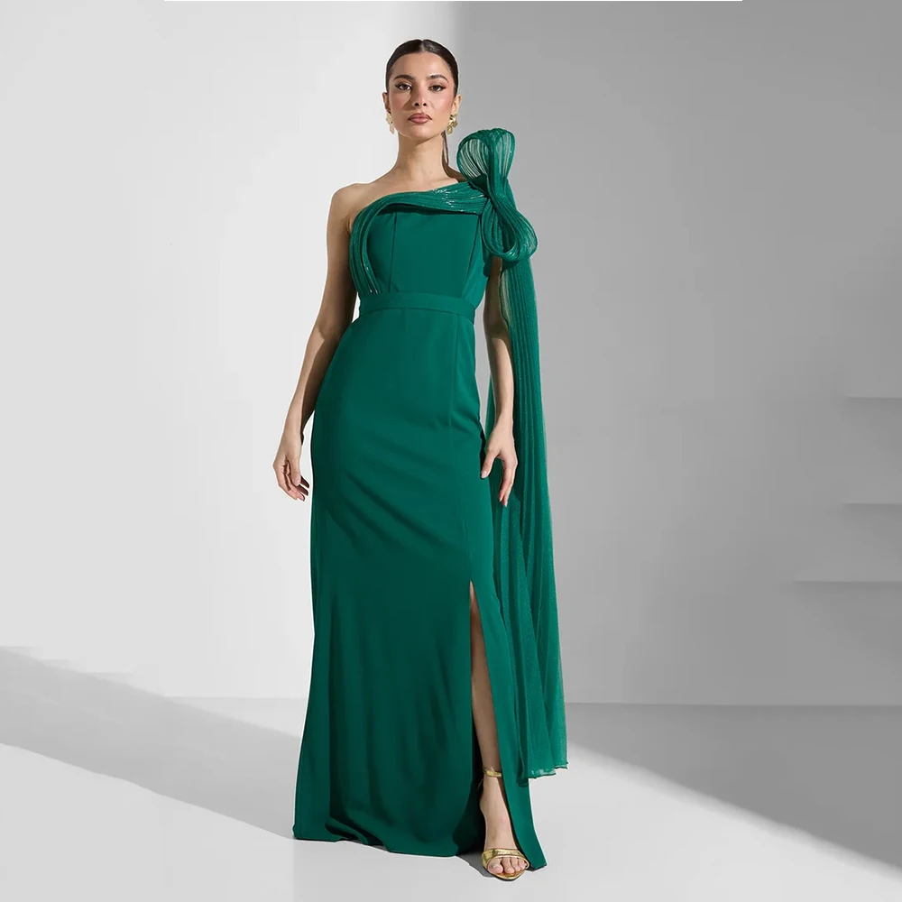 

One Shoulder Green Evening Dress Floor Length Prom Dress Sheath Slit Formal Party Gown Cloak Sleeve Saudi Dress