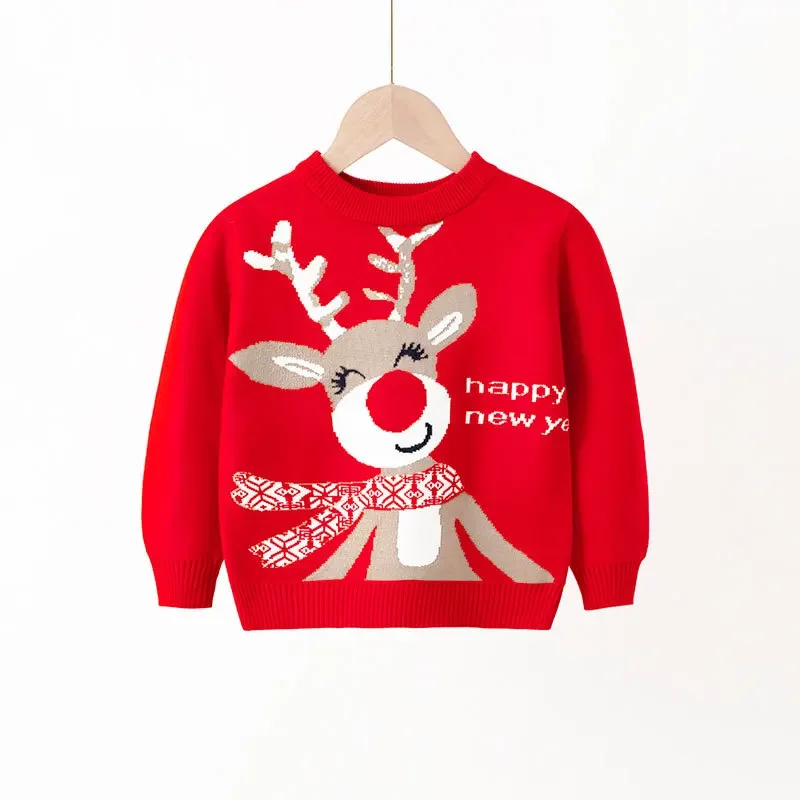 

2025 Winter Christmas Knitted Sweaters Boys Girls Full Sleeve O Neck Knitwear Cute Elk Print Pullover Warm Soft Jumper Xmas Look