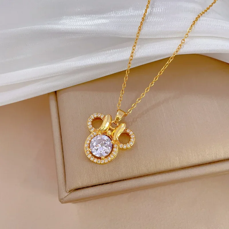 Cute Mouse Bow Minnie Rhinestone Necklace for Women Party Accessories Jewelry Cartoon Choker Necklace Titanium Steel