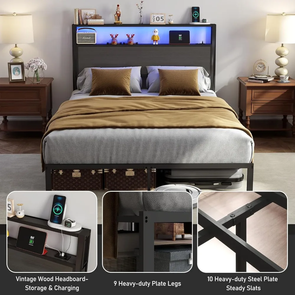 إطار سرير كامل الحجم مع لوح رأسي، إطار سرير بمنصة معدنية مع أضواء LED ومحطة شحن، تخزين تحت السرير، صلب وSt #5
