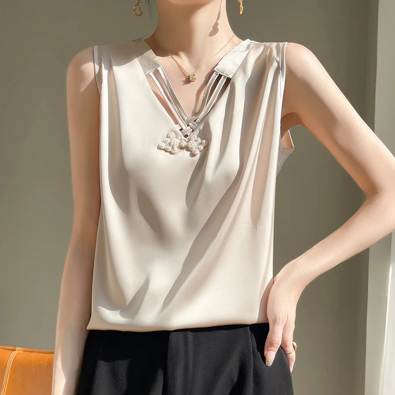 Spring and summer new women's new Chinese style suspender Acetate silk smooth satin is soft and skin friendly Breathable vest