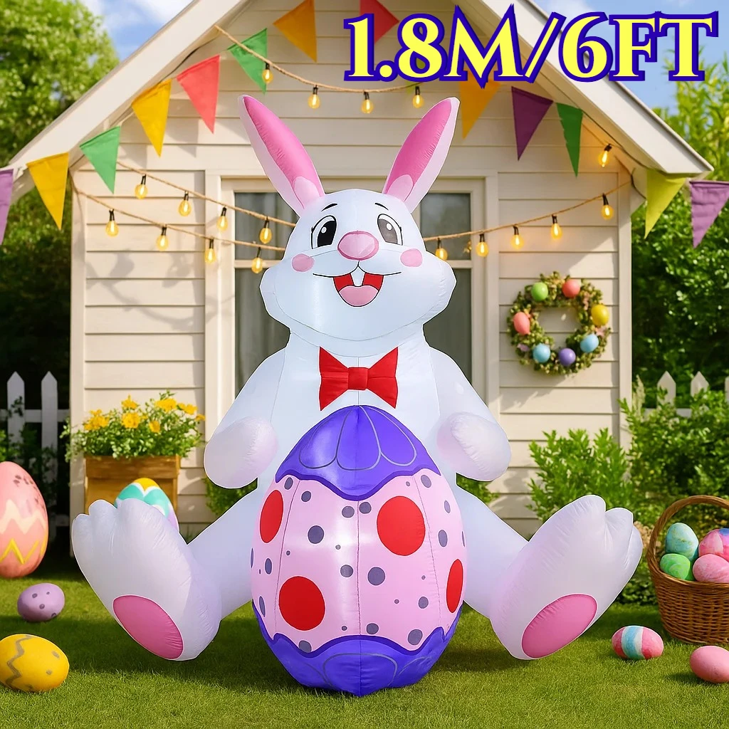 Happy Easter Inflatable Toys 1.8M/6FT White Rabbit Embracing Easter Eggs Decor LED Lights Model Outdoor Garden Party Ornaments