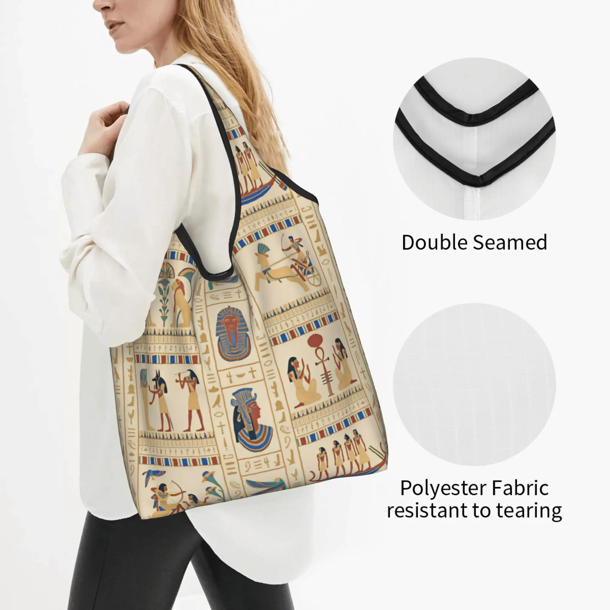 Egyptian Hieroglyphs Eye of Horus Grocery Shopping Bags Custom Shopper Tote Shoulder Bags Pharaoh Mask Anubis Cleopatra  Handbag
