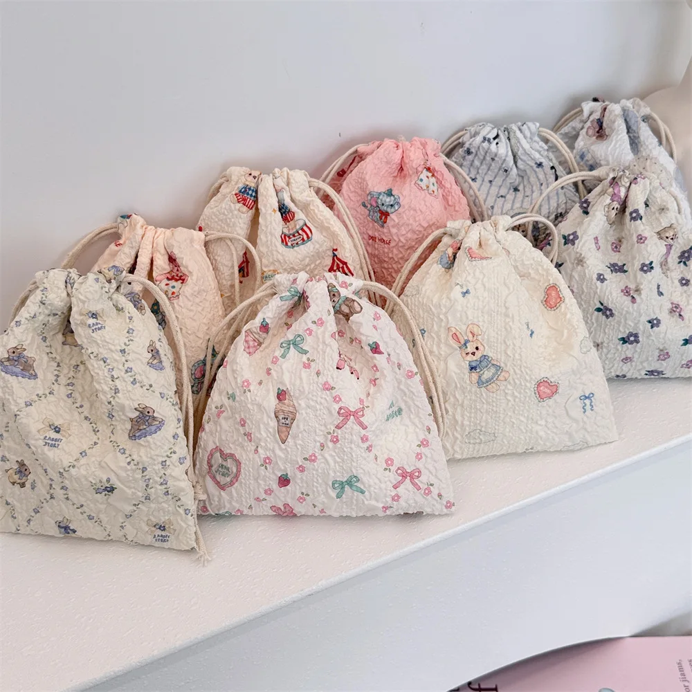 Cute Cartoon Drawstring Storage Bags  Portable Cosmetic Makeup Lipstick Pouch Student Travel Sundries Organizer Handbag