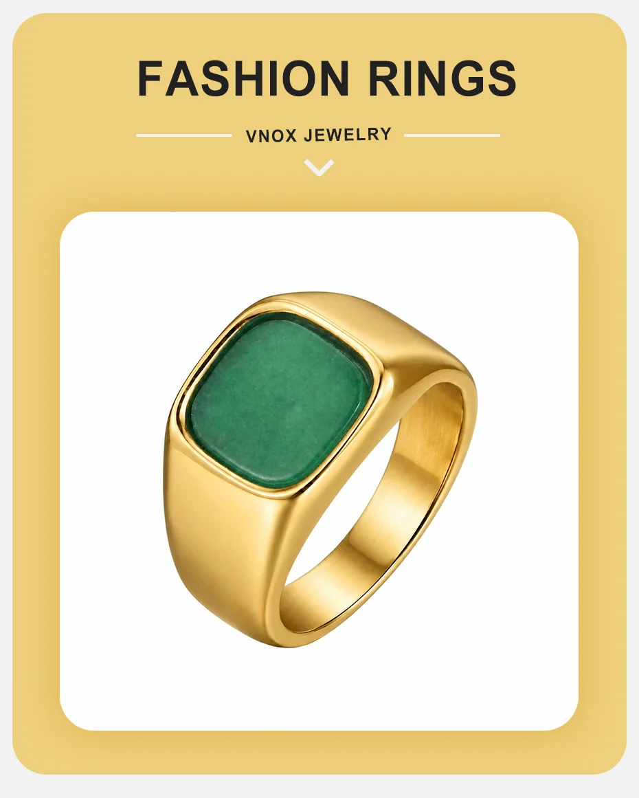 Vnox Herren Siegelring, vergoldeter Edelstahl, quadratischer grüner Naturstein-Fingerring, Vintage-Punk-Statement-Schmuck, Geschenk, neu – Detail 2