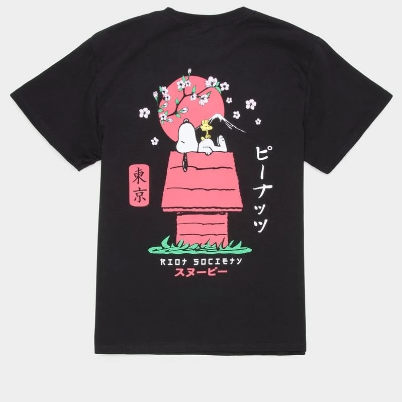 Peanuts Snoopy Woodstock Tokyo Cherry Blossom Mount Fuji Print Graphic T-Shirt Japanese Style Cartoon Women and Kids Casual Tee