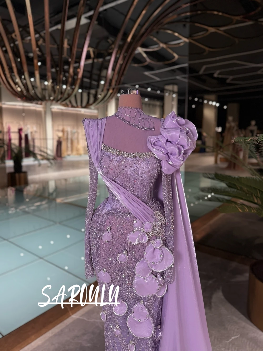

Luxury 3D Flower Embellished Lavender Cocktail Dress Women High Neck Cape Design Beaded Mermaid Glitter Gala Prom Evening Gown