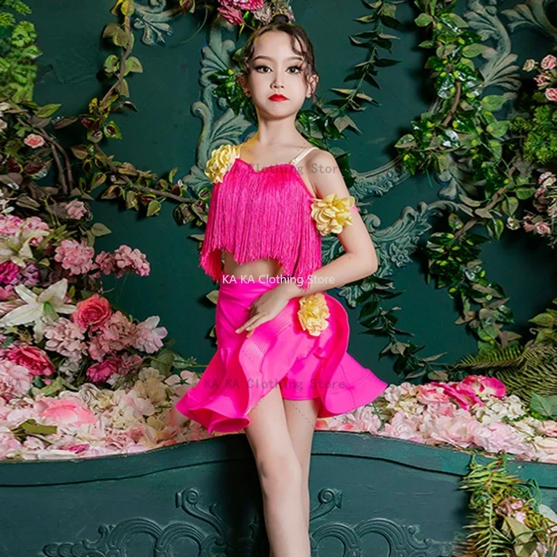 Child Samba Tango Latin Dance Dress Girls Cha Cha Ballroom Dance Costume Fringe Latin Dress Kids Competition Dress Practice Wear