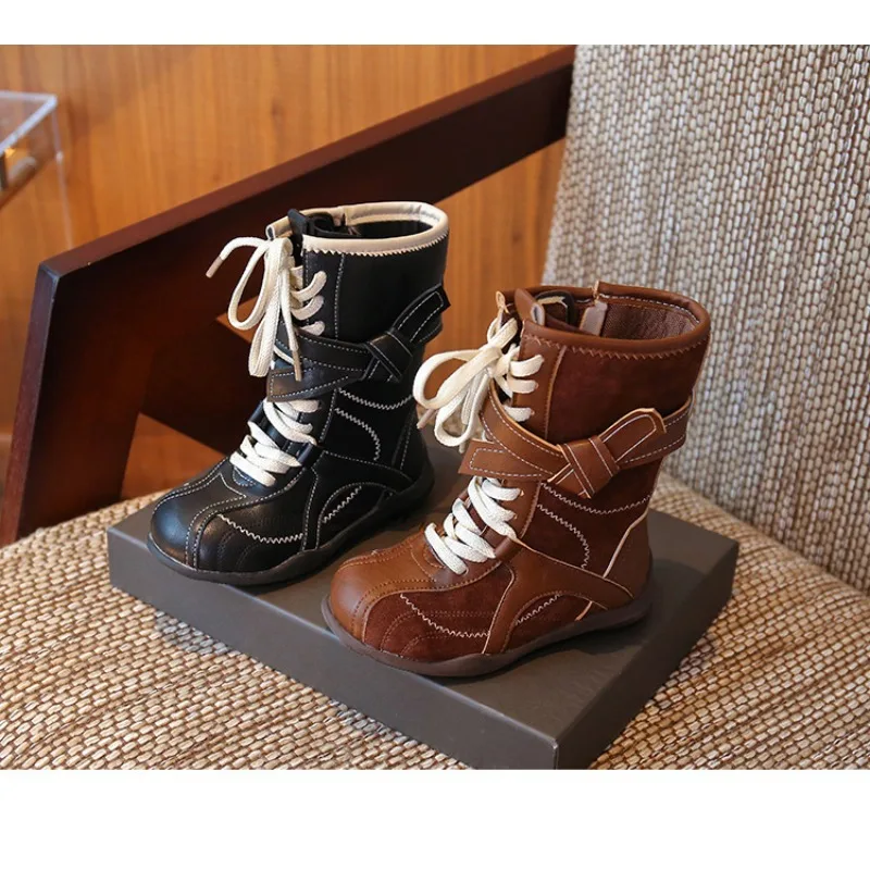 

Children's Trendy Sewing Thread Splicing Retro Leather Boots 2025 Autumn and Winter Boys and Girls Versatile Single Boots
