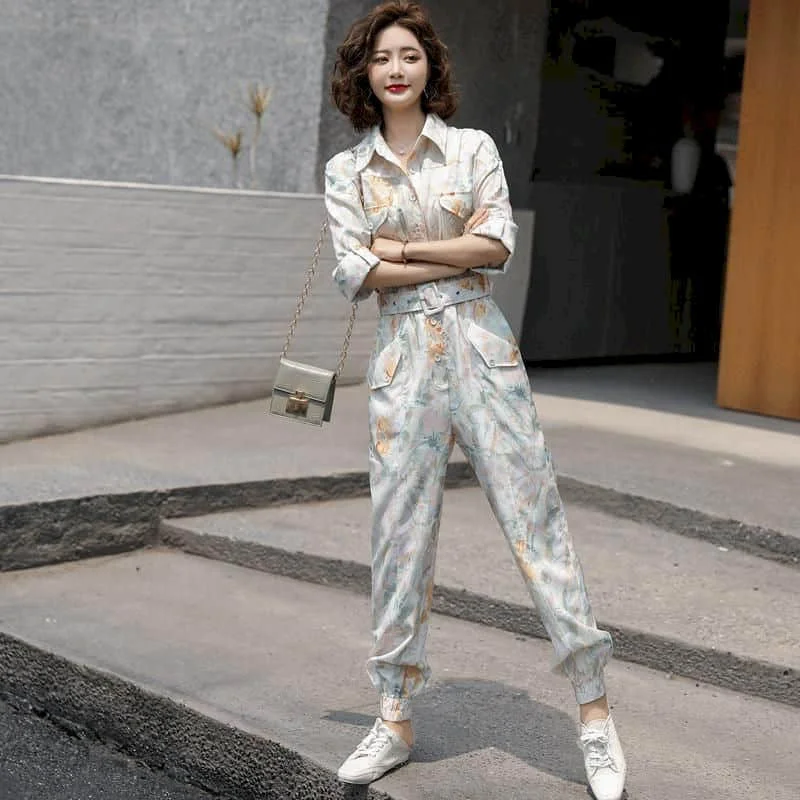 High Waist Jumpsuits for Women Casual Solid Long Sleeve Bodysuit Loose One Piece Outfit Women Ankle-Length Pants Cargo Pants