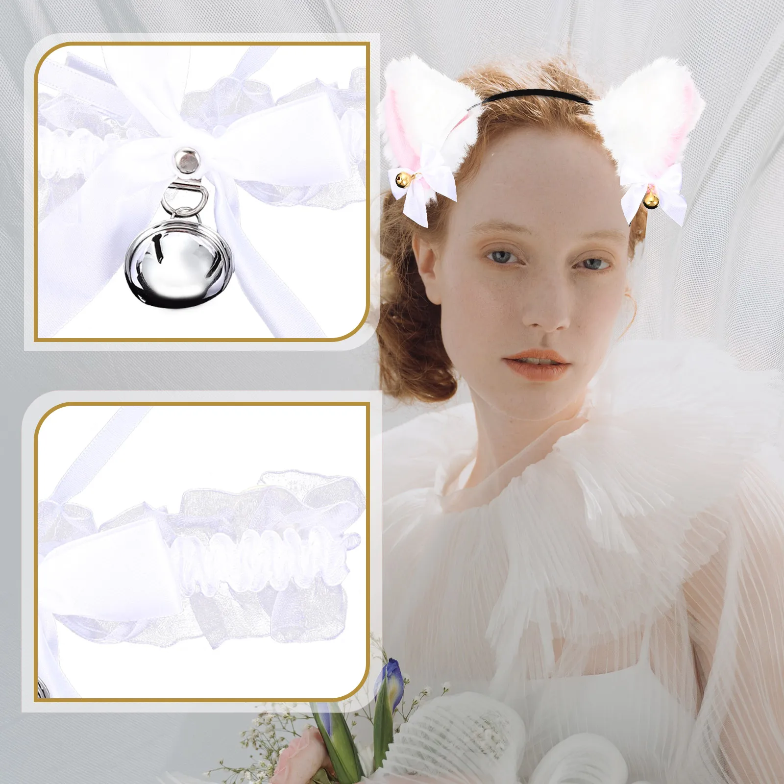 

Lovely Cat Ears Headband Bowknot Bell Choker Cosplay Accessories Halloween Ear Headdress Comfortable Durable Gift