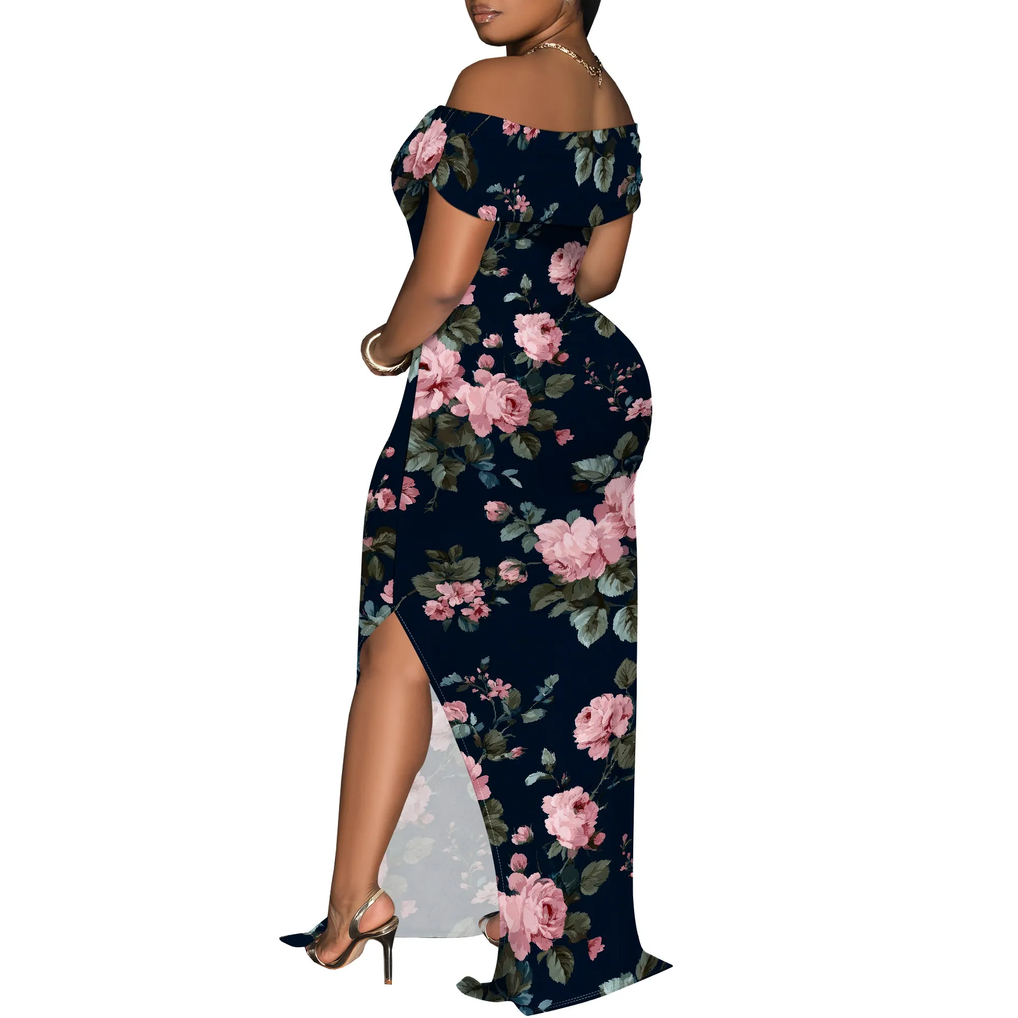 Women's Maxi Dresses Short Sleeve Floral Solid Summer Beach Dress Casual Loose   Side Split Long Dress with Pockets