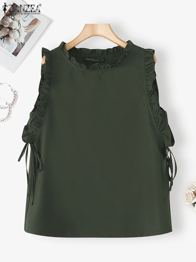 

ZANZEA Women Summer Tank Tops 2025 Fashion Bandage Casual Loose Tees Sexy Sleeveless Solid Shirts Round Neck Ruffled Blusas Tops