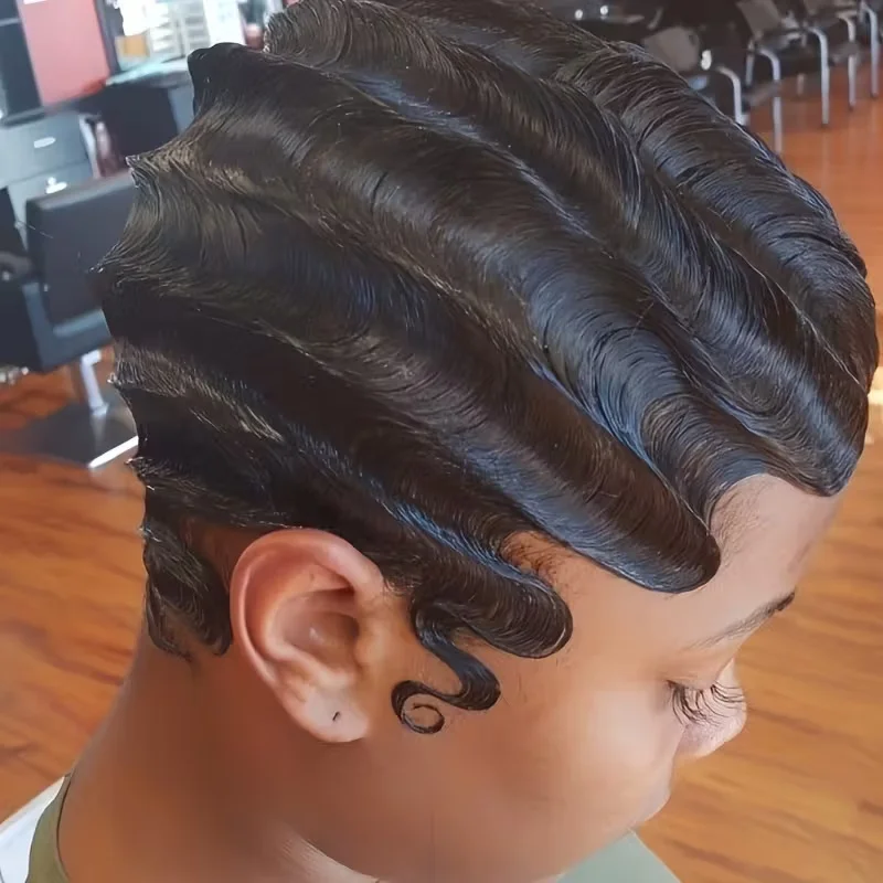 

Объемные волнистые пальцы, океанские волнистые стрижки пикси, короткие волнистые мягкие завитки на концах, человеческие волосы Remy, машинное производство, парик Regularbang