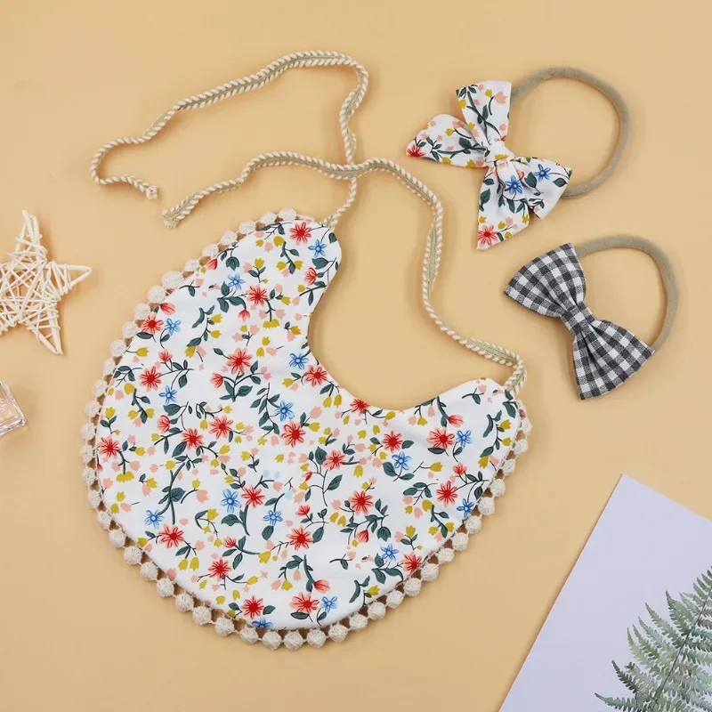 

3Pcs/Set Flower Print Burp Cloths Baby Girl Bibs Elastic Nylon Headband Double-Deck Saliva Towel Feeding Bandana Apron Burp