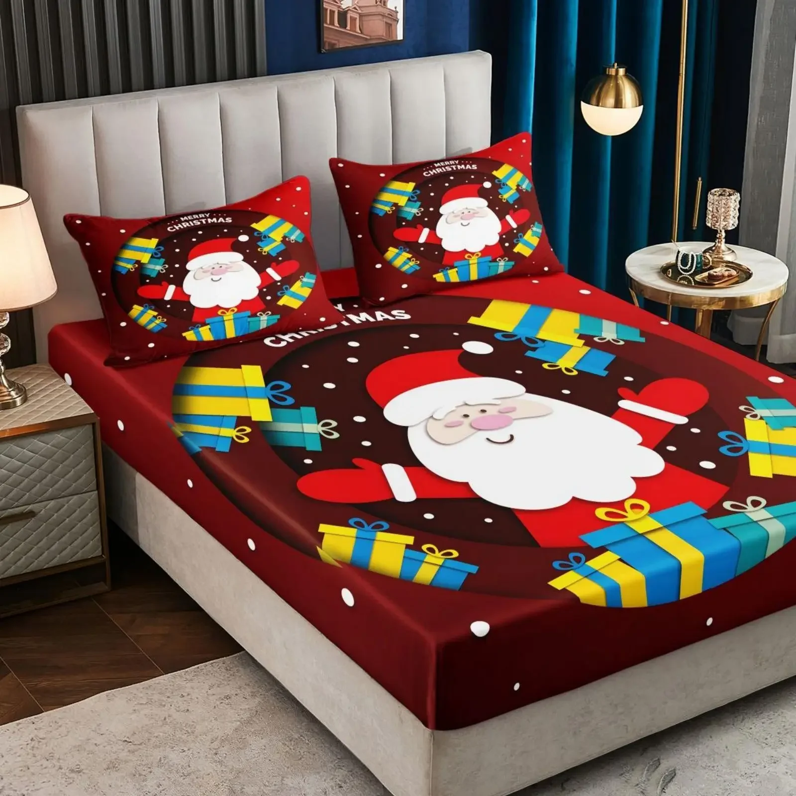 Christmas Gift Santa Claus Digital Print Bed Sheet & Pillowcase Set, Sanded Polyester, Fitted Sheet with Deep Pocket 30-34cm