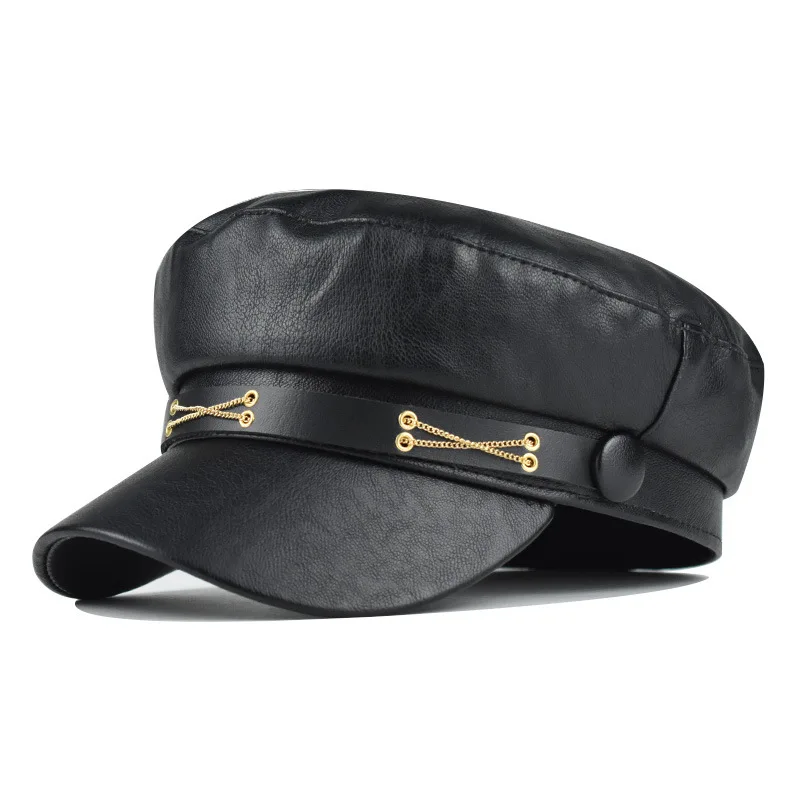 

PU Leather Artistic Octagonal Women Beret Newsboy Hat Pumpkin Painter Hat Korean Version Beret Trendy