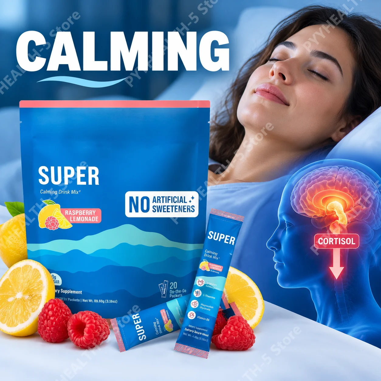 Calming Drink Powder Lower Elevated Cortisol Levels Ease Anxious Tension Sleep Aid L-Theanine Magnesium Glycinate 0 Sugar 20 Ct