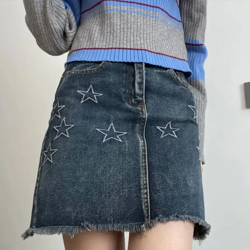 

Fashion Y2k Denim Skirt For Women Star Embroidery Mini Short Jeans Bottoms High Waist Korean Sttreetwear Vintage Clothes P1031