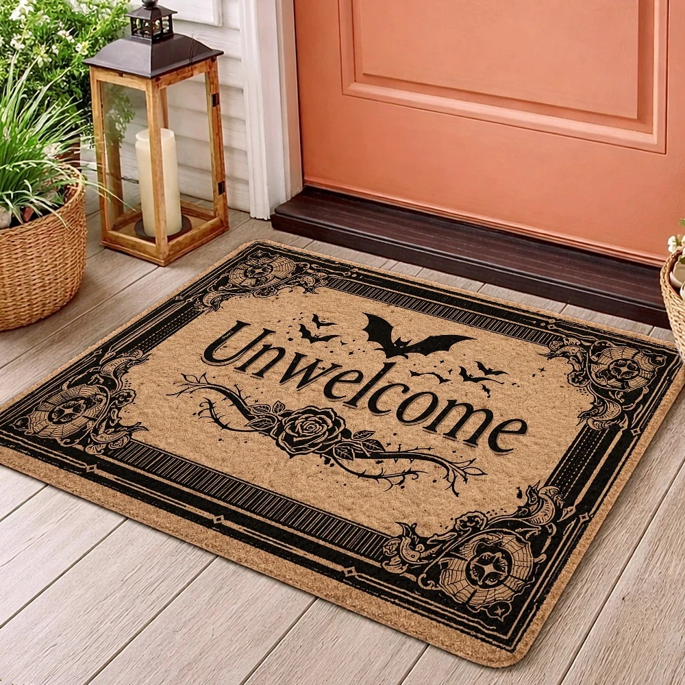 Unwelcome Bat Gothic Halloween Doormat Front Door Back Door Entryway Bathroom Floor Mat Kitchen Porch Veranda Garage Decor