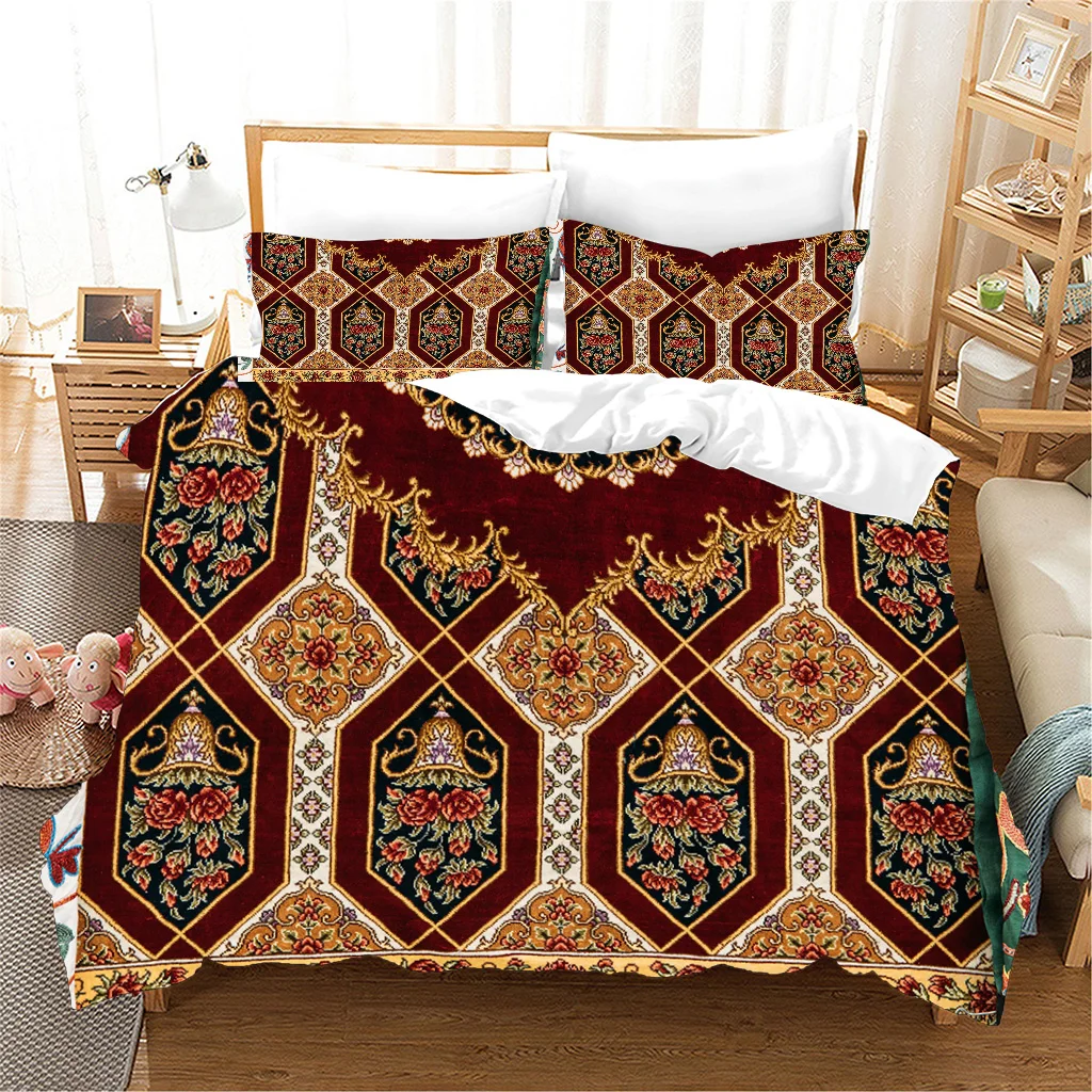 Telet Ethiopian Eritrean Luxury Red Boho Polyester 3pcs Bedding Sets Single Double Bed Duvet Cover Set and 2pcs Pillow cover