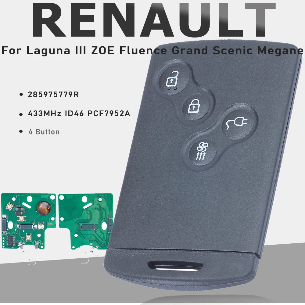 KEYECU 433MHz ID46 PCF7952A Chip 285975779R Smart Card Remote Key Fob for Renault Laguna III ZOE Fluence Grand Scenic Megane III