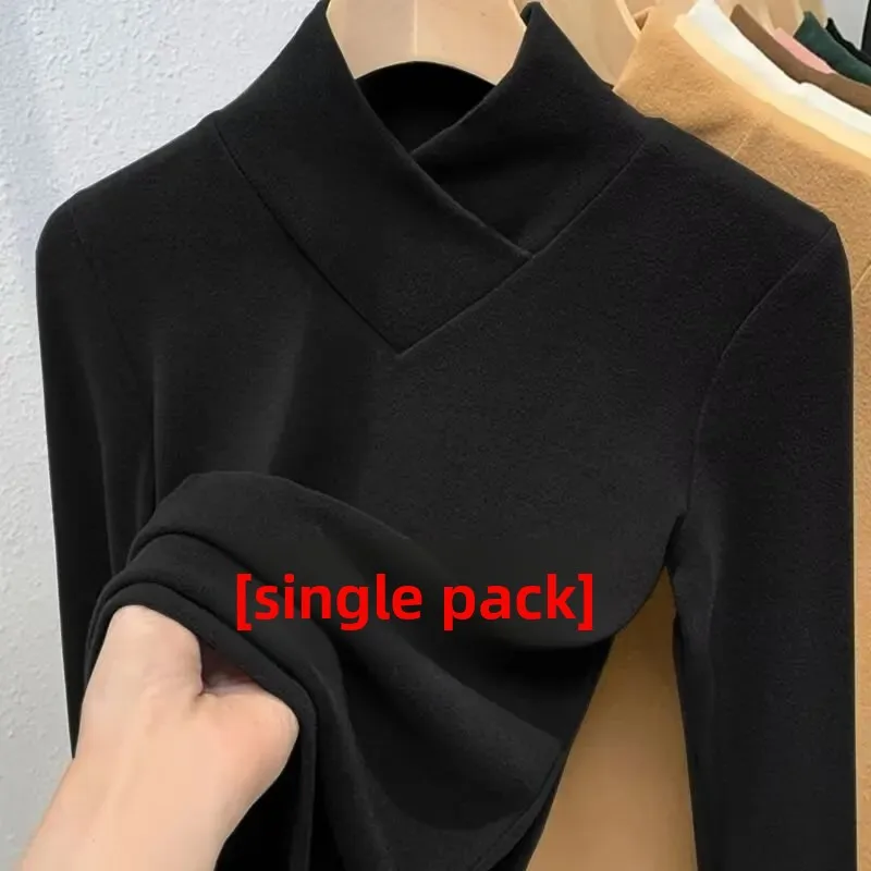 المرأة سليم تي شيرت بأكمام طويلة على الوجهين صوف مبطن دافئ نصف عالية طوق قاعدة قميص ملابس داخلية لخريف شتاء #4