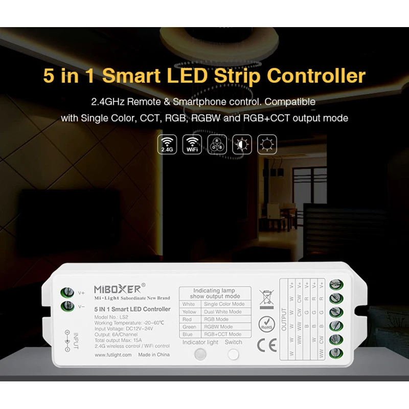 teopek Miboxer 5-in-1-LED-Controller LS2 2,4 G/ ZL5 Zigbee + 2,4 G / WL5 WLAN + 2,4 G 12–24 V Alexa/Google Assistant/Sprachsteuerung 15 A 8