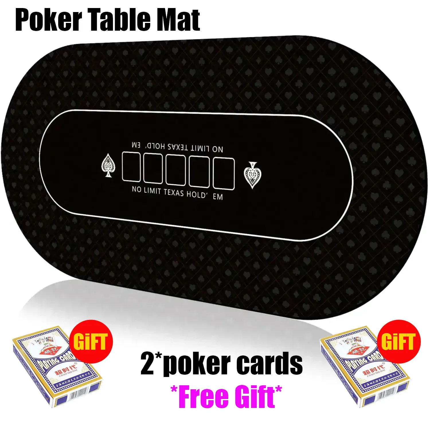 Tapete de mesa de póker de 60x120cm, ovalado, negro, Texas Holdem, mesa de juego con 2 tarjetas de póquer, como regalo gratis