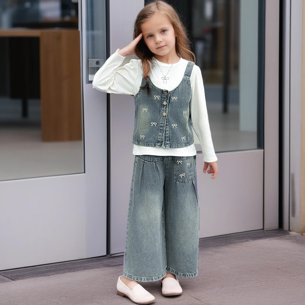 

Girls Outfits Set Spring Denim Vest Jeans T-shirt 3pcs Teen School Children Costumes Fashion Casual Bow Embroider Kids Clothes