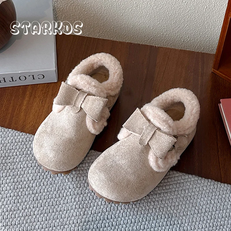 

Thick Fur Suede Birken Loafers kid Girls Winter Warm Plush Bowknot Design Slip-on Shoes Baby Child Sweet Short Flat Ankle Boots