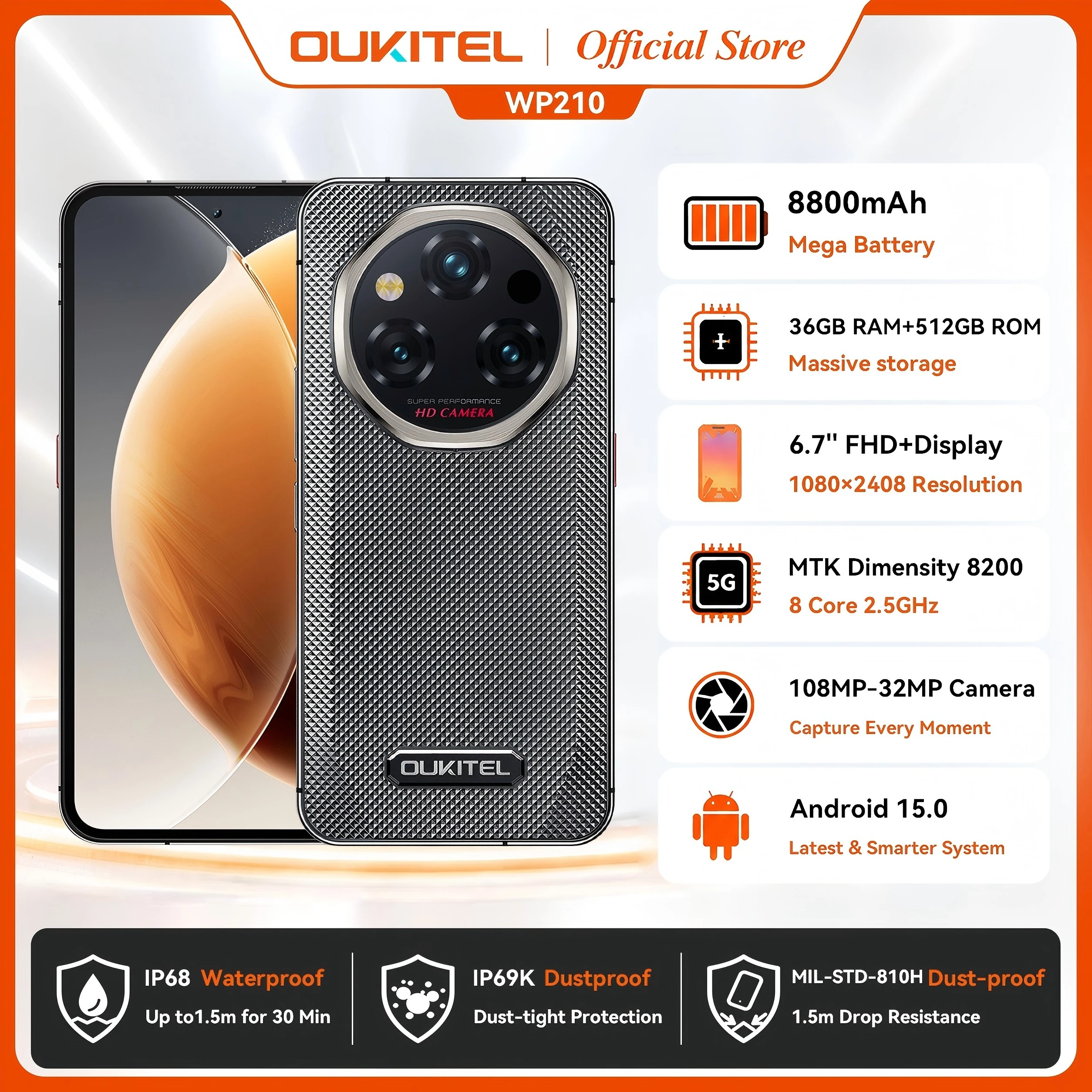 【World Premiere】OUKITEL WP210 Rugged Phone - MTK 8200, 36GB+512GB, 8800mAh 45W, 6.7