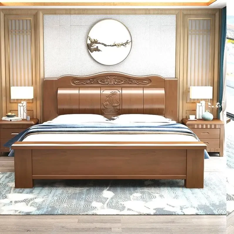Thickened full solid wood bed 2 meters master bedroom double bed adult 1.8 meters Chinese storage bed 1.5 meters