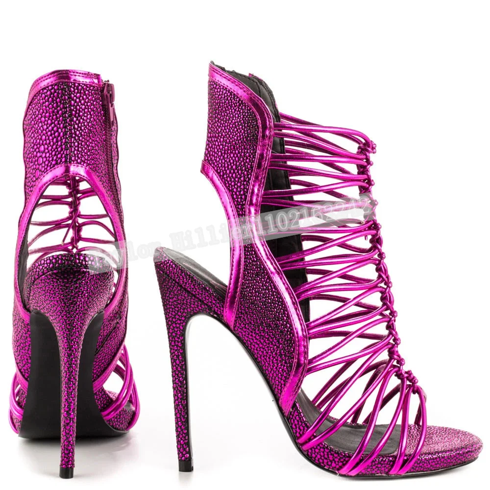 Summer Purple-Red Striped Sandals Women'S Open-Toe Zipper High Heels Sexy Party T-Stage Show Gladiator Sandals Zapatos Mujer 46