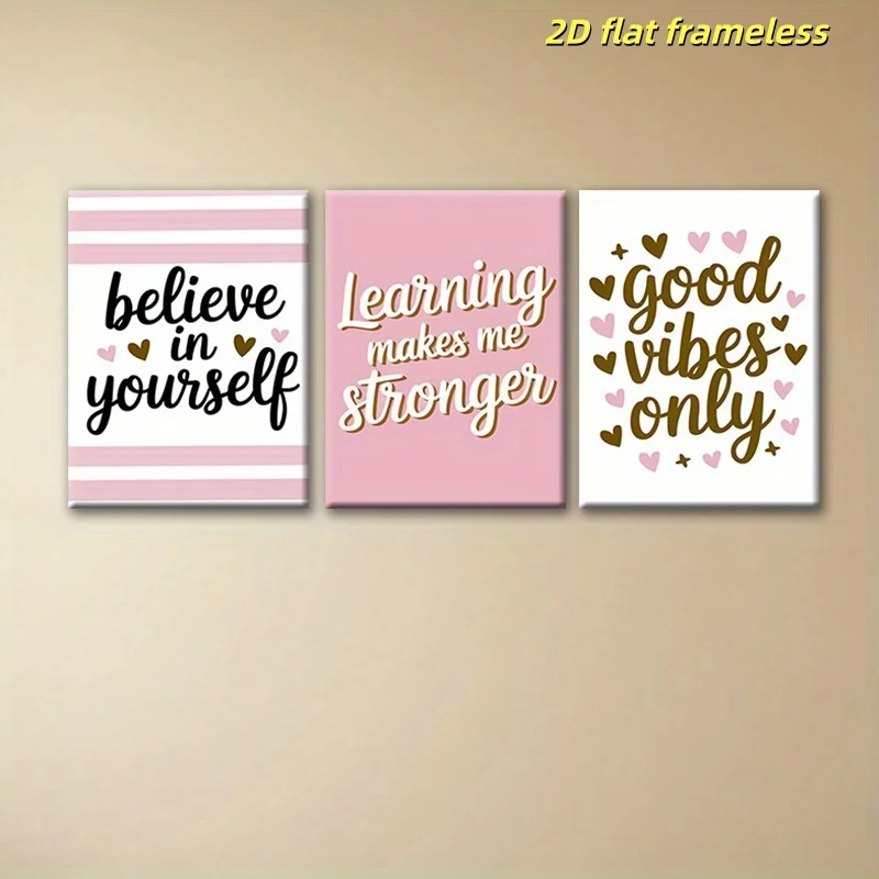 Three canvas posters with a unified theme of diversity and faith, featuring modern bedroom, living room, bathroom, and office ae