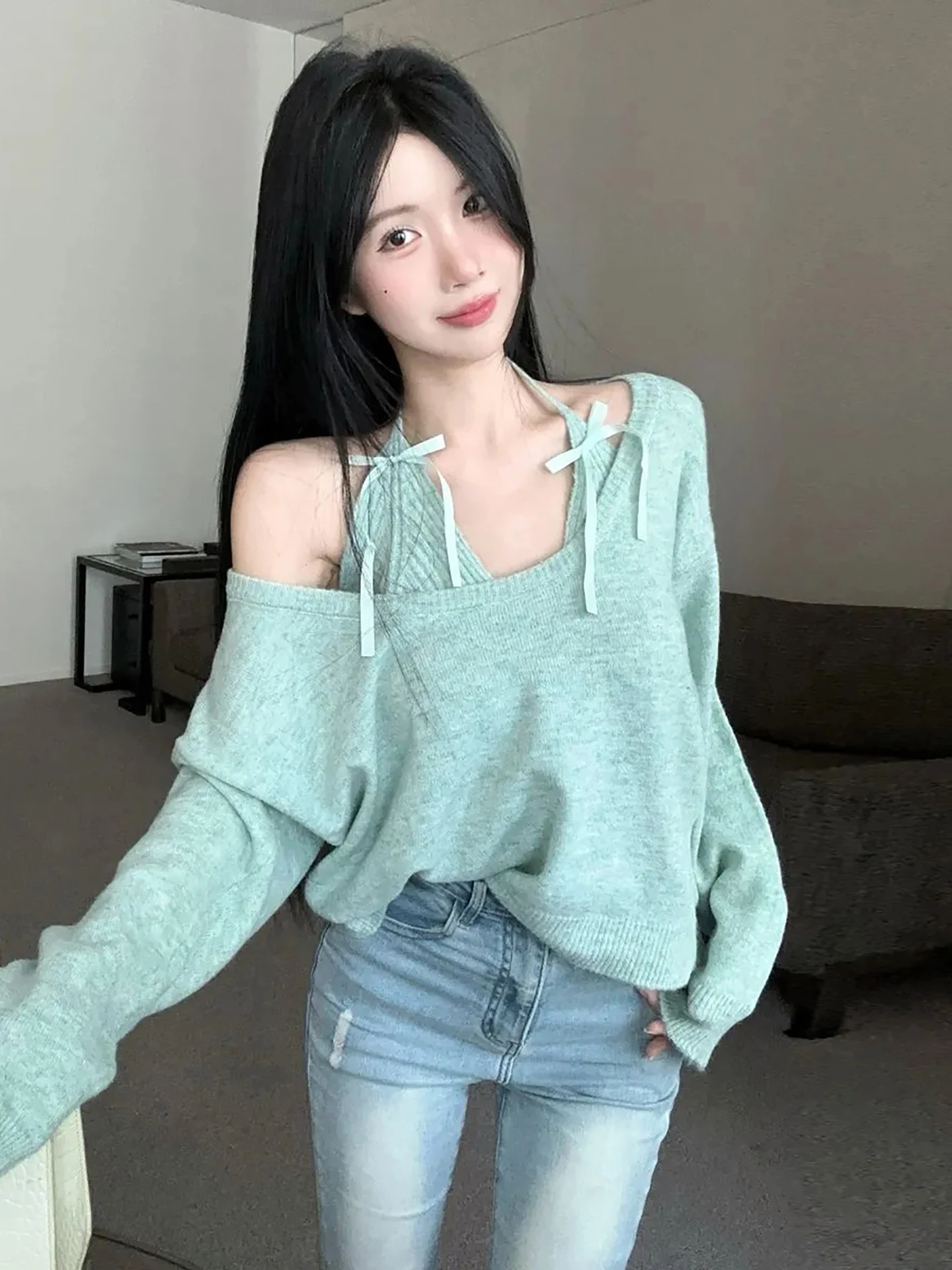 

een Two-Piece Women's Sweater Set with Sling oulder And Knot Sexy Vest Autumn Winter New Sle Pure Desire Spic...