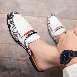 Summer White Fashionable Half Drag Loafers Metal Buckle Embroidered Leather Shoes Soft Soled Comfortable Outdoor Casual Shoes