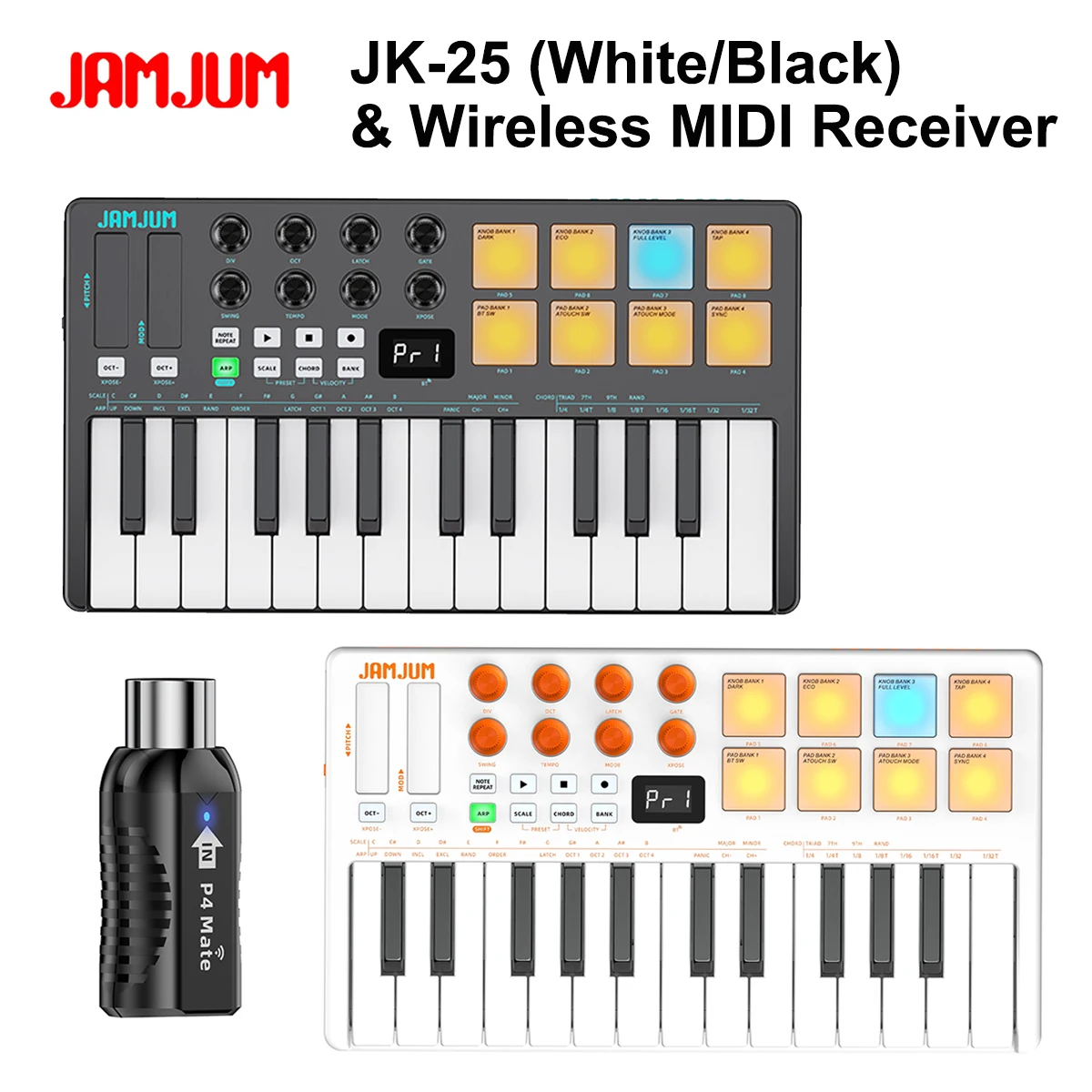

JAMJUM JK-25 MIDI Controller Keyboard – Bluetooth & USB, 25 Velocity Keys, RGB Pads, Built-in Battery, for PC/Mac/iOS/Android