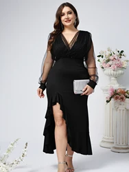 Ladies' Plus Size V-neck Evening Dress With Long Sleeves Brilled Slit Wavy Satin Long Dress Elegant Wedding Party Dance Dress