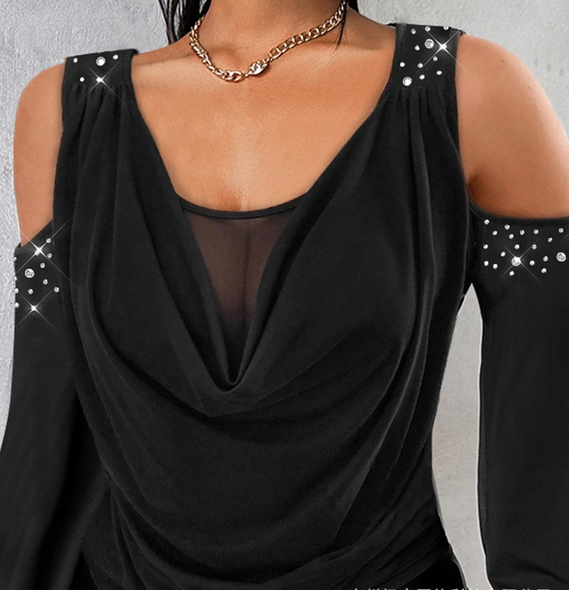 Top Women 2024 Spring Fashion Rhinestone Cold Shoulder Sheer Mesh Patch Tops Casual Versatile Blouses Tee Female Pullover