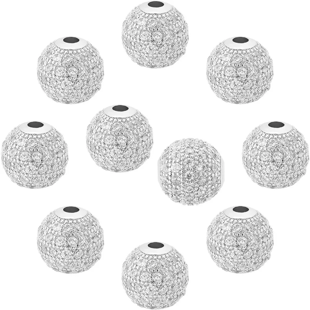 

10 Pcs 10mm Color Brass Cubic Zirconia Beads Clear CZ Stones Pave Micro Setting Disco Ball Spacer Beads