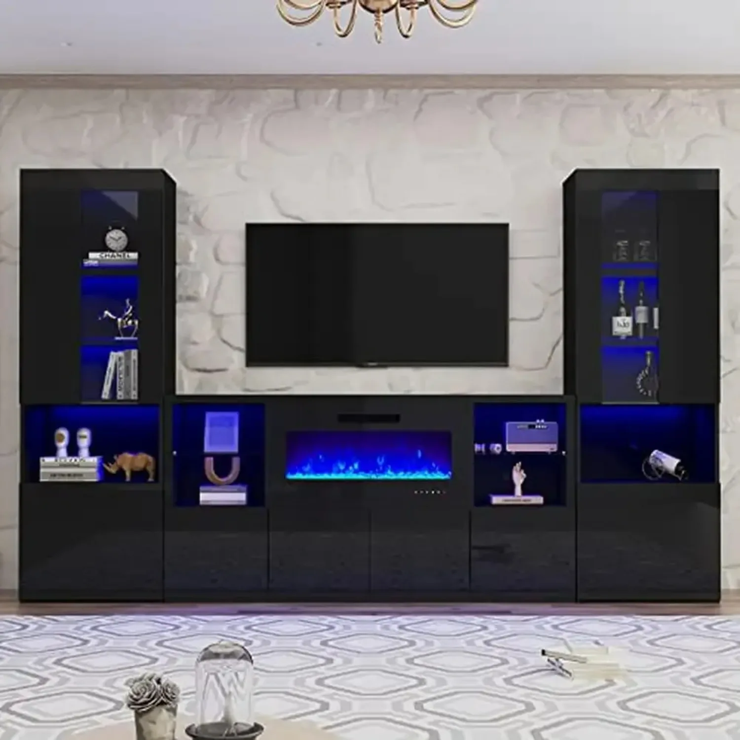 Modern High Gloss 3-Piece Fireplace TV Stand Bookcase Set Living Room Combo 68