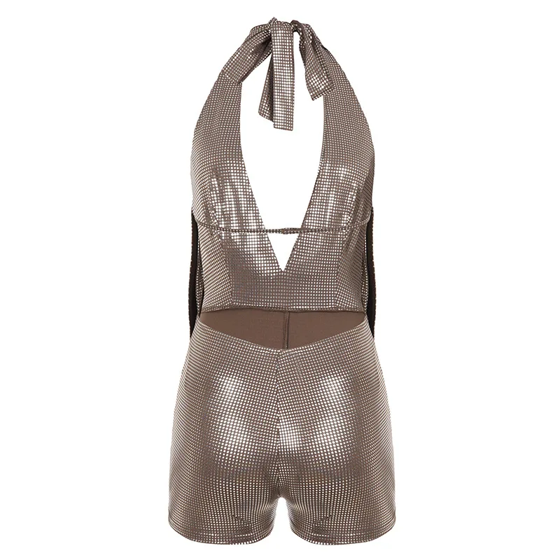 silver metal mesh swing neck hanging neck deep V neck sequins backless jumpsuit for women
