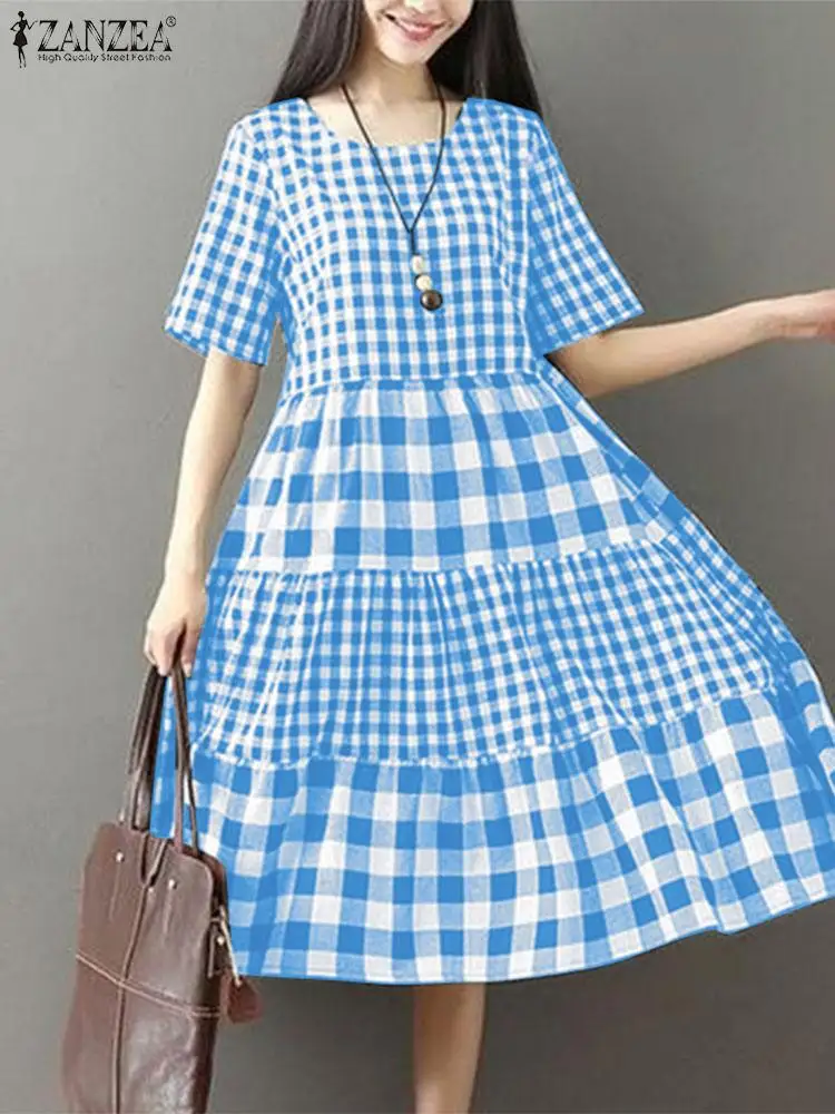 Women Summer Loose Dresses Casual Short Sleeve Sundress ZANZEA Fashion Splice Check Robe Korean Style Round-Neck Vestidos S-3XL