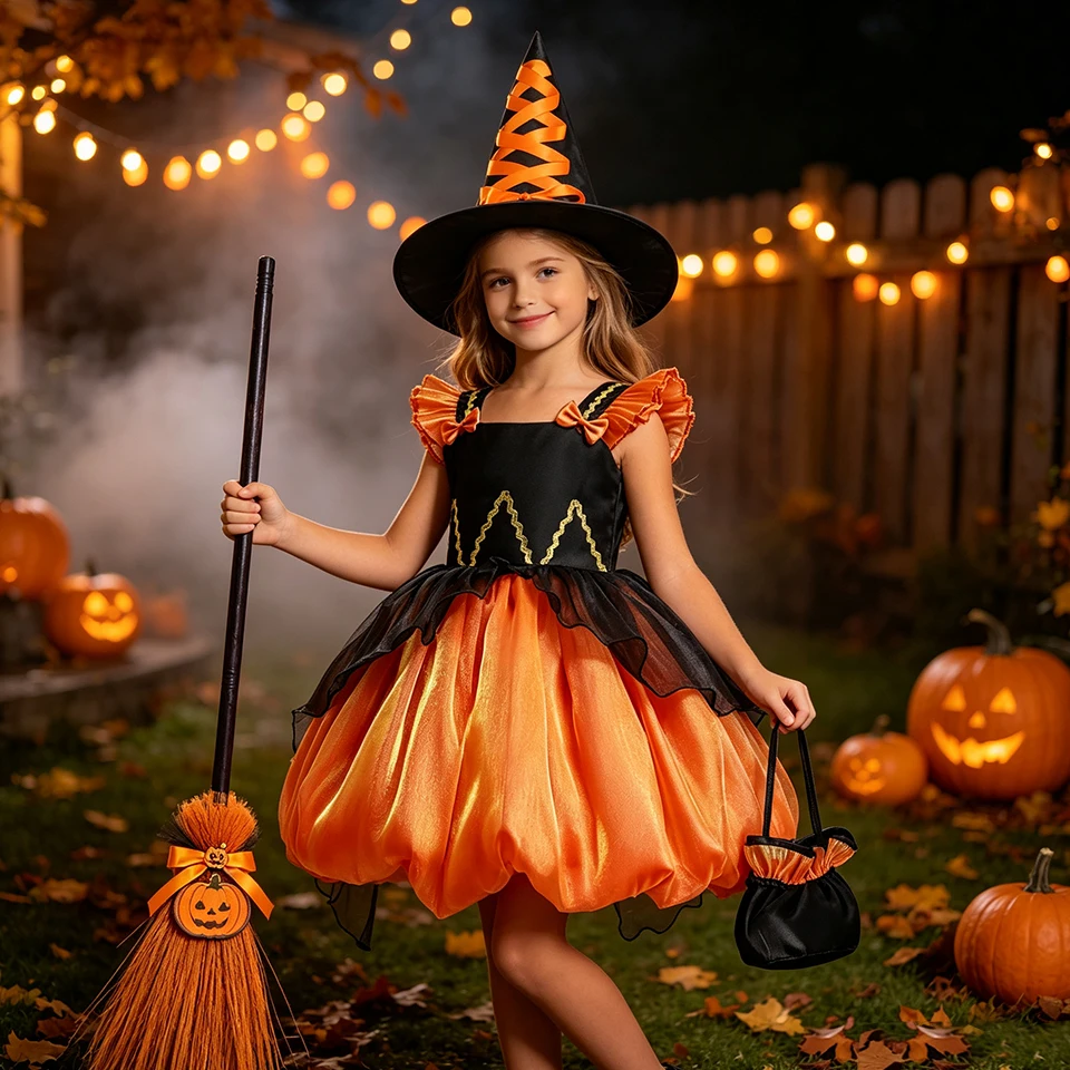 Fantasia Girls Orange Pumpkin Halloween Witch Costume Disguised Children's School Stage Performance Carnival Party Kids Clothes