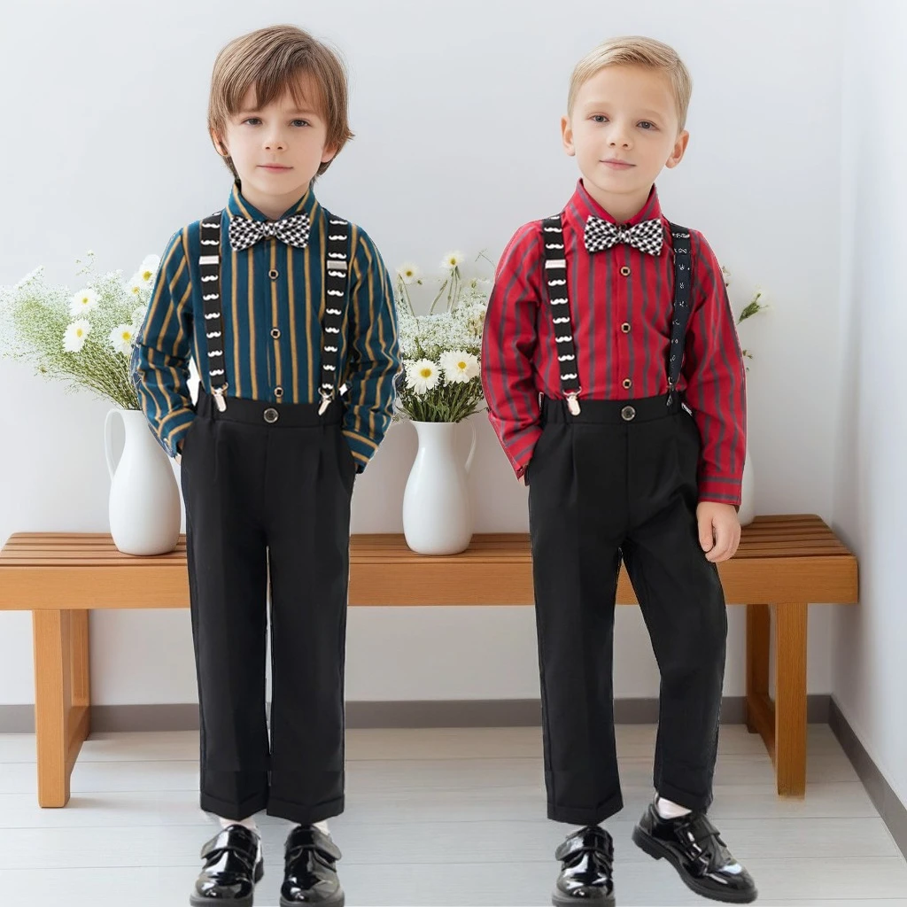 

Boys Formal Suit Long Sleeve Striped Shirt Suspender Pants Wedding Piano Recital Speech Performance Outfit Kids Clothing Set 8 Y