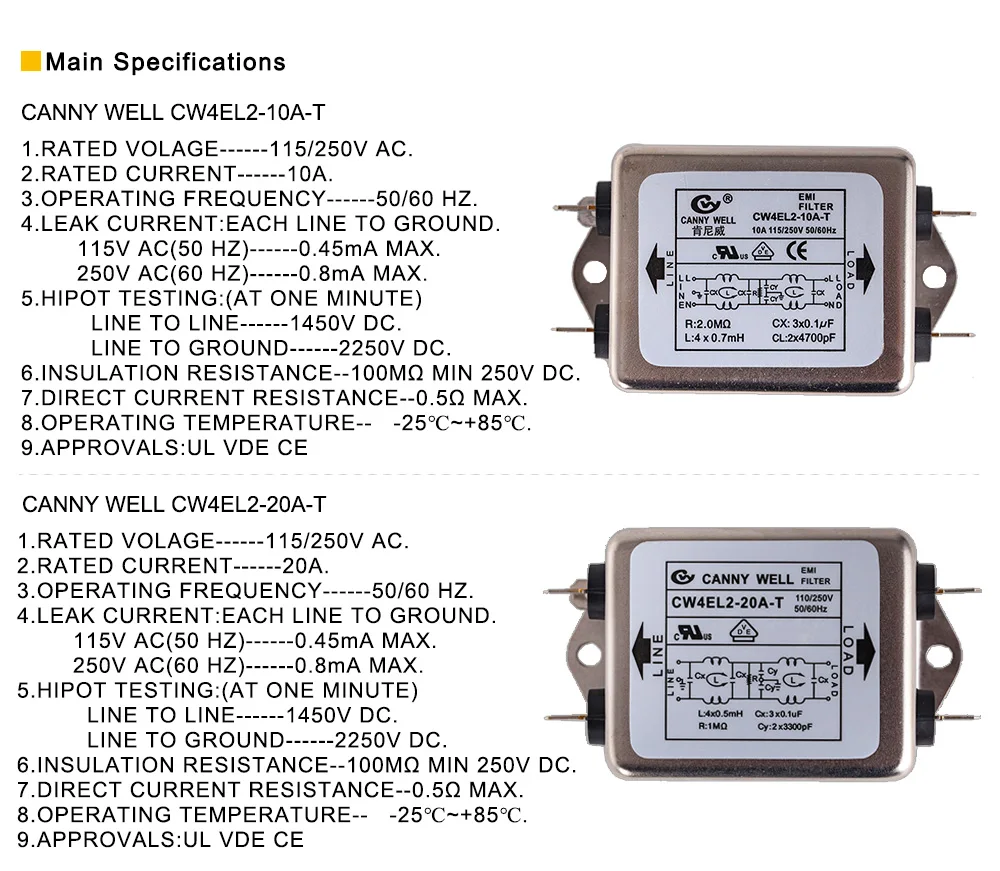 Ultrarac Power EMI Filter لآلة وسم الليزر ، لتقوم بها بنفسك الجزء ، CW4EL2-20A-T ، CW4EL2-20A-T ، مرحلة واحدة ، التيار المتناوب 115 فولت ، 250 فولت ، 20A ، 50 هرتز ، 60 هرتز
