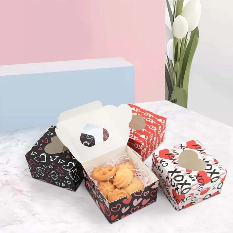 12PCS Valentine Theme Love Heart Cute Cookie Paper Boxes Party Favor Candy Gift Box With Window