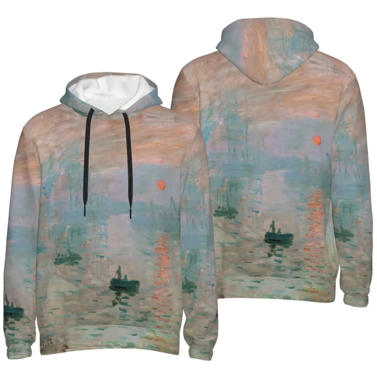 Men Women Claude Monet Impression Sunrise Painting Hoodie Hooded Collar Hoodies Pullover Sweatshirts Long Sleeve Shirt