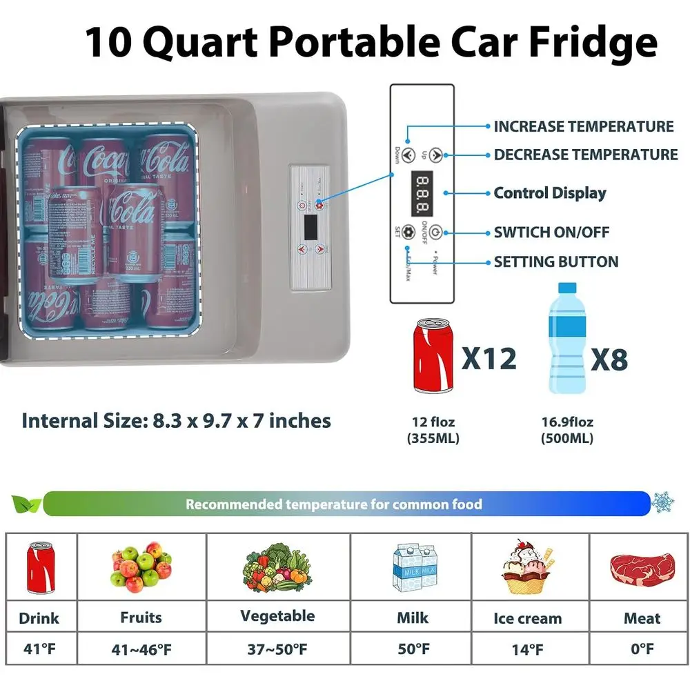 C9PT Portable Car Freezer Cooler, 12 Volt Car Refrigerator, 10 Quart Fast Cooling, with 12/24V DC and 100-240V AC for Outdoor, C